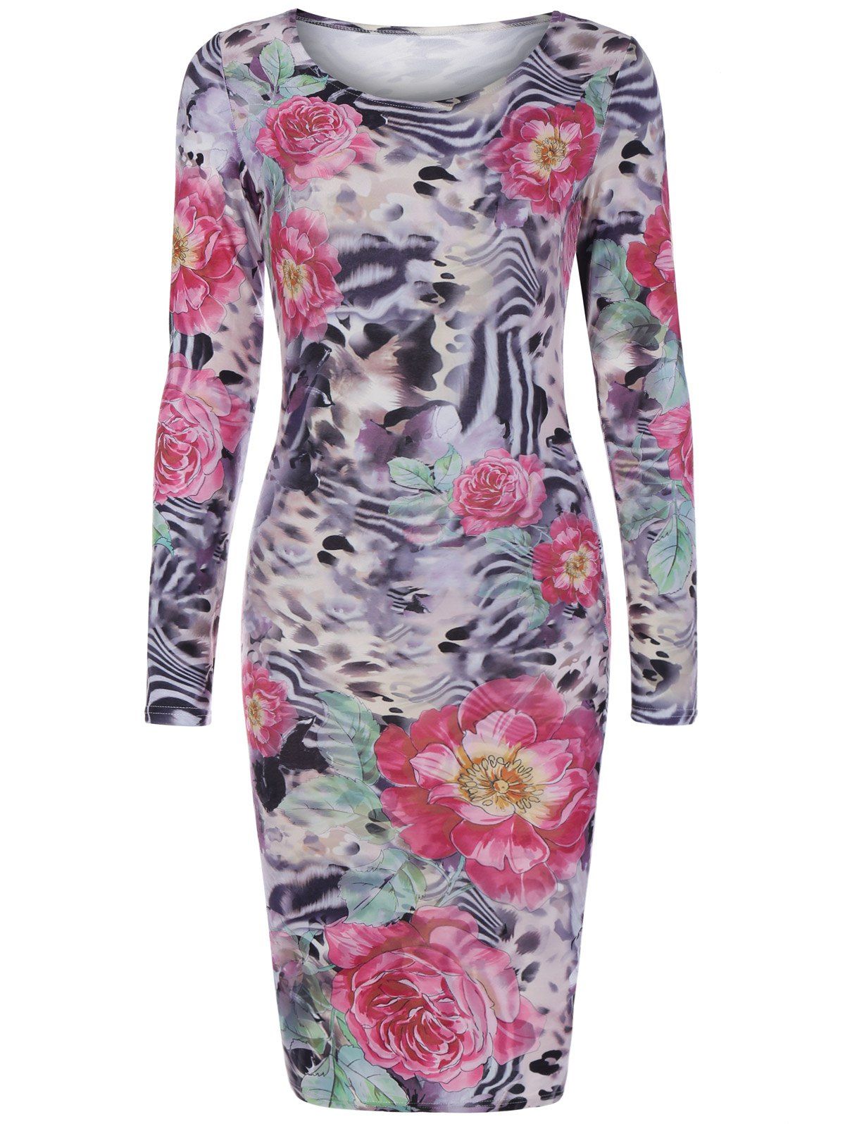 

Long Sleeve Zebra Stripe Patchwork Flower Print Dress, Colormix