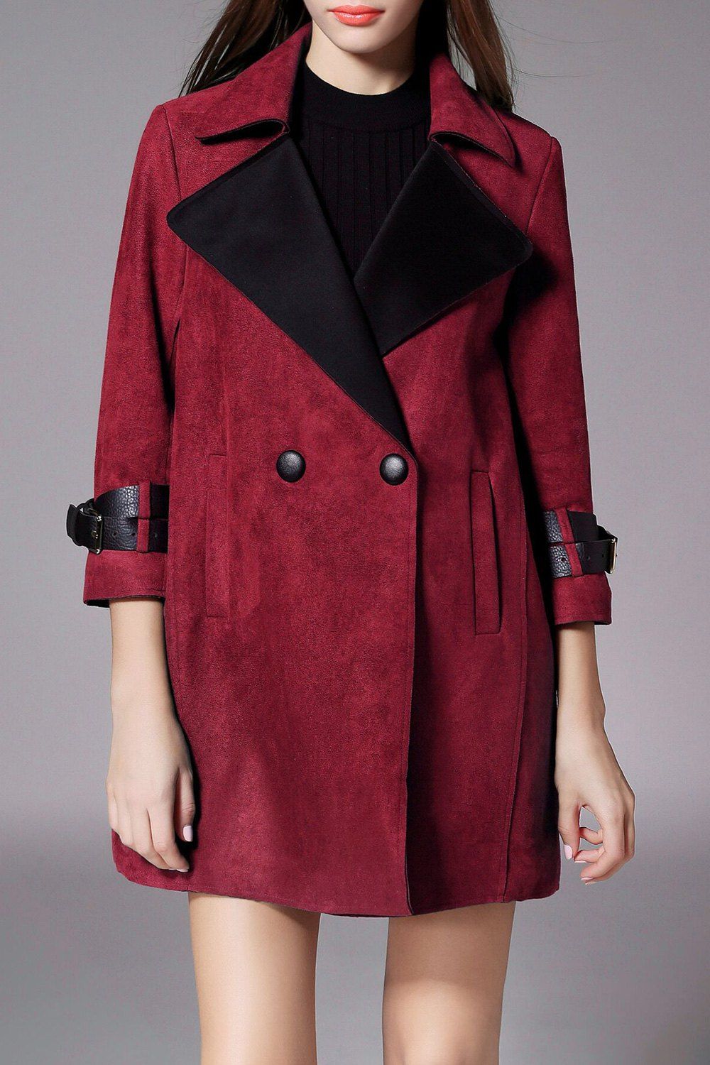 

Wide-Waisted Buttoned Faux Suede Coat, Wine red