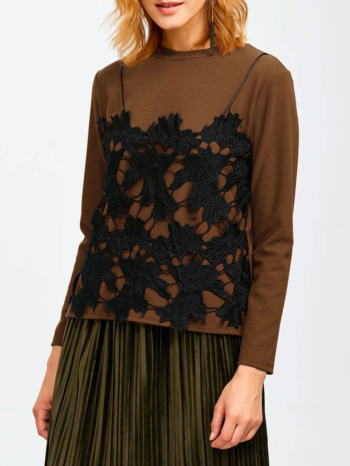 

Knitted Lace Panel Sweater, Brown