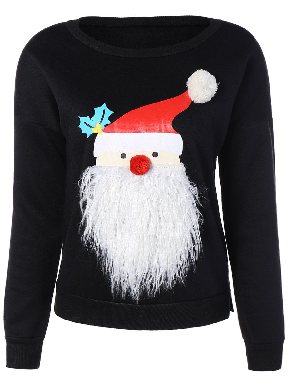 

Christmas Santa Graphic Pompon Embellished Sweatshirt, Black