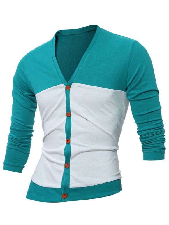 Button Up V Neck Two Tone Cardigan - Turquoise M