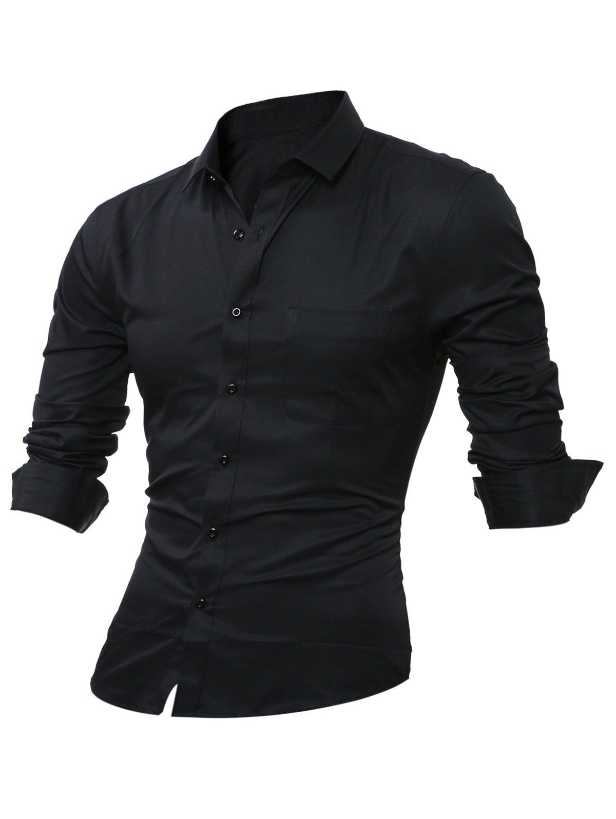 [17% OFF] 2020 Chest Pocket Long Sleeve Plain Shirt In BLACK | DressLily
