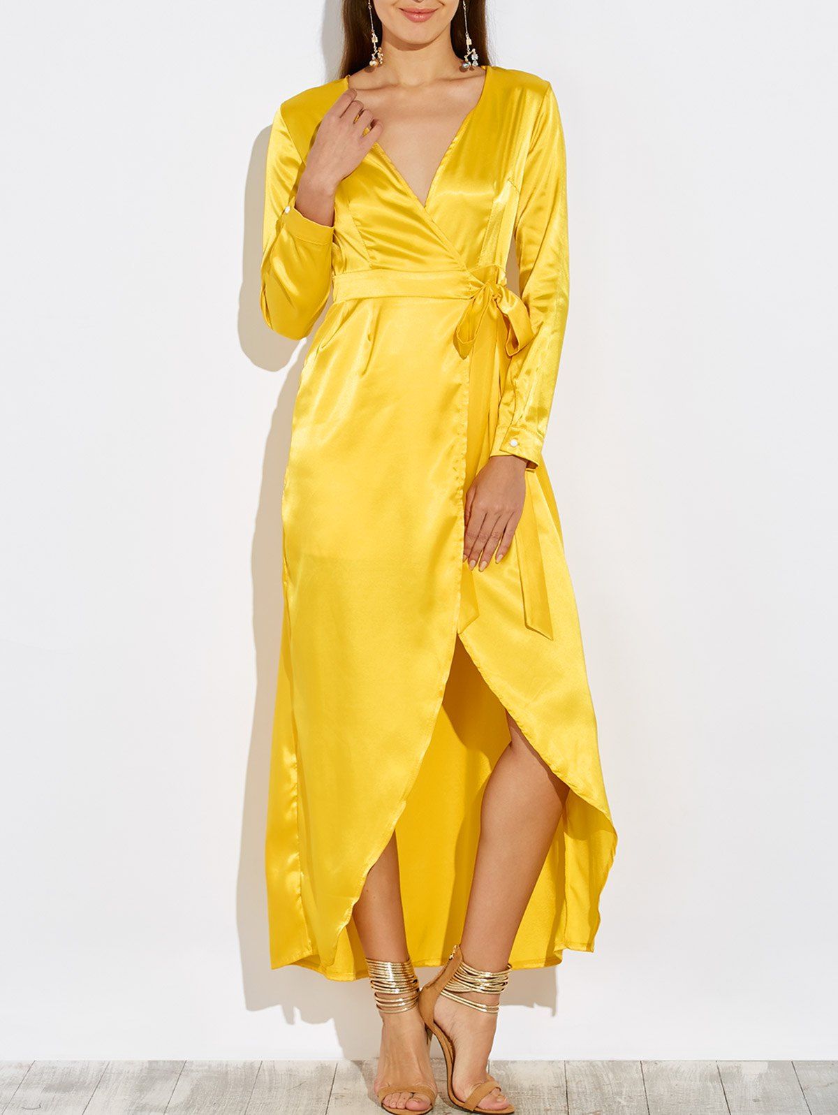 

Low Cut Maxi Satin Wrap Evening Prom Dress, Yellow