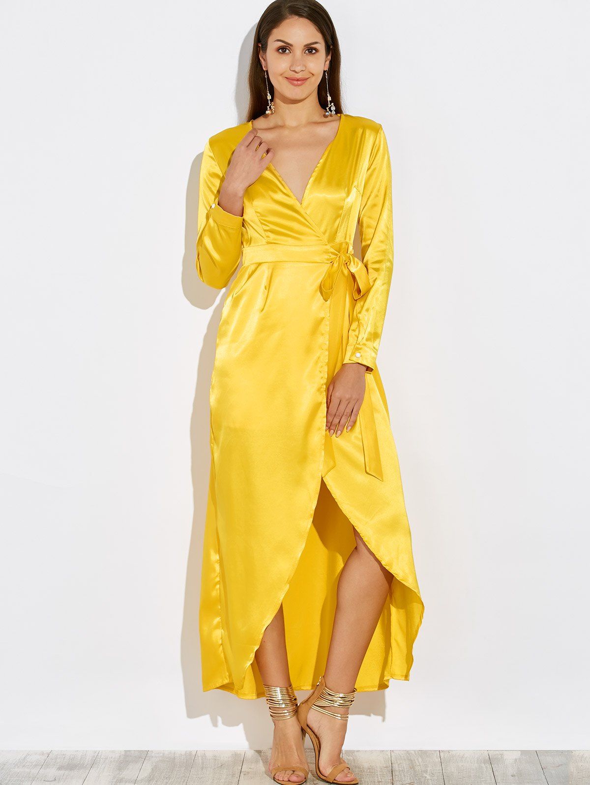 2018 Low Cut Maxi Satin Wrap Evening Prom Dress YELLOW S In Maxi