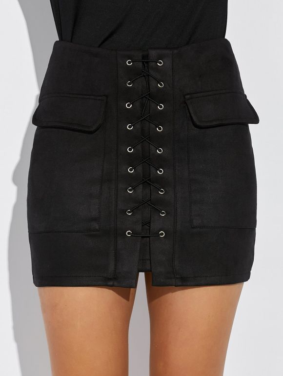 Criss Cross Faux Suede Mini Skirt - BLACK L