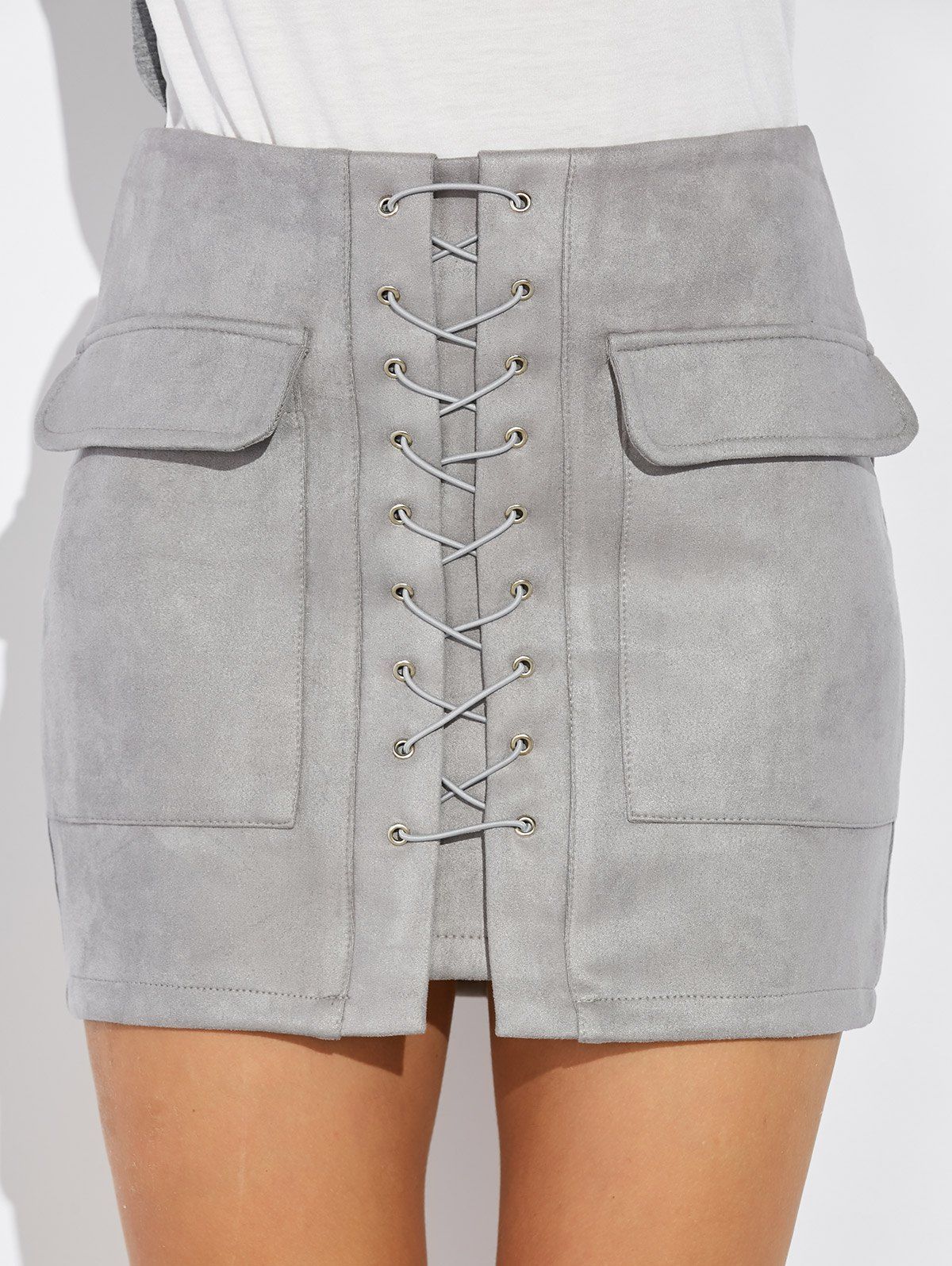 Criss Cross Faux Suede Mini Skirt - GRAY M