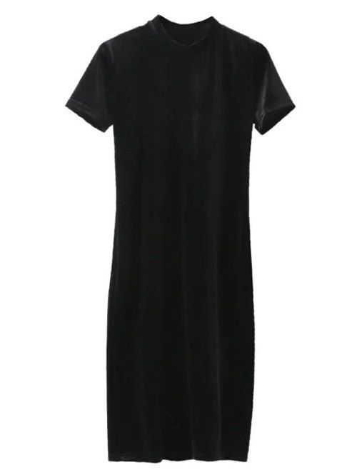 

Short Sleeve Velvet Knee Length Dress, Black