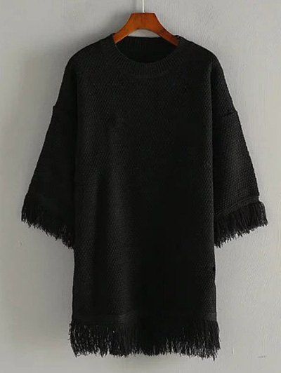 

Crew Neck Fringed Pullover Sweater, Black