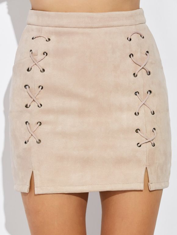 Double Criss Cross Bandages Faux Suede Skirt - NUDE M