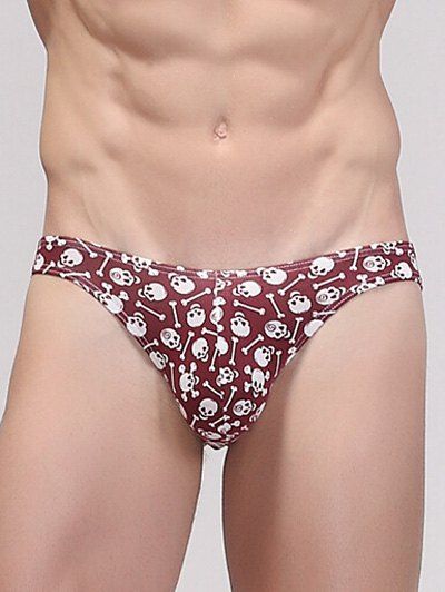 

U Pouch Design Breathable Skull Pattern Briefs, Wine red