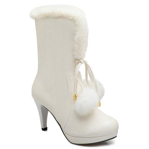 

PU Leather Pompon Mid Calf Boots, White