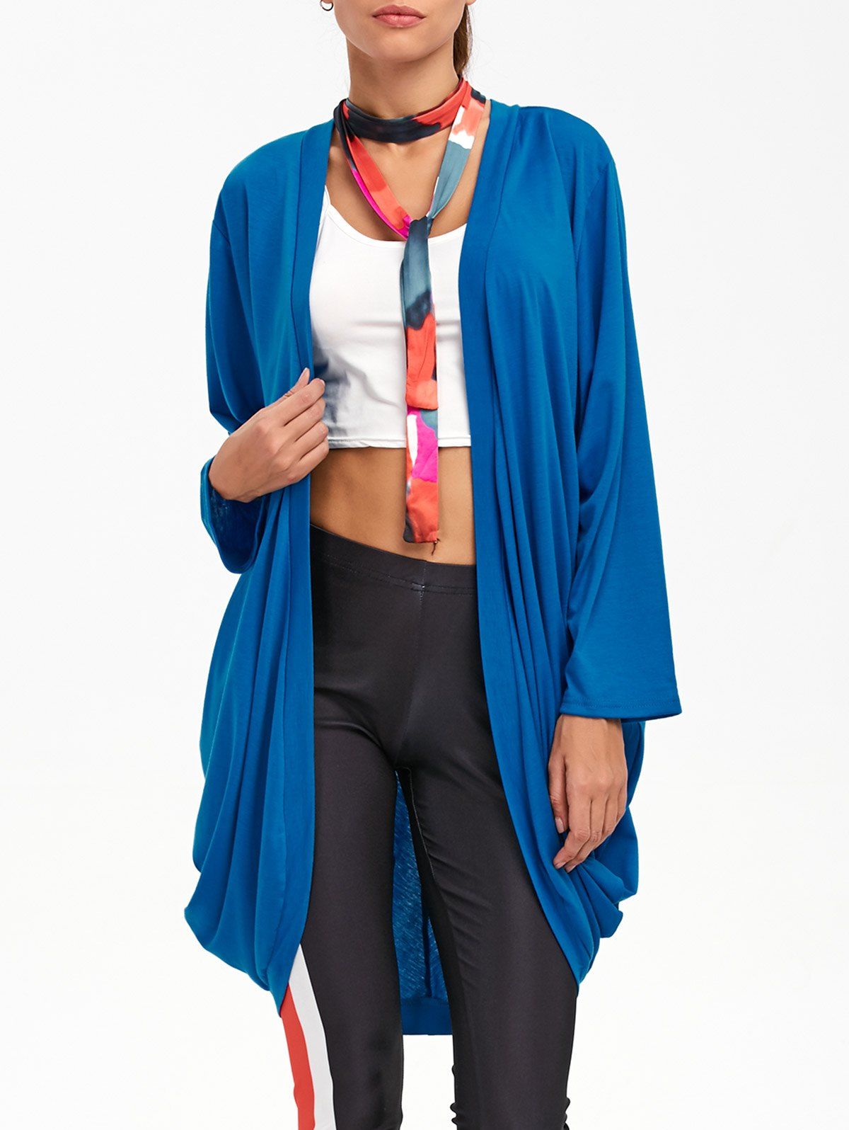 

Open Front Long Sleeve Plain Knit Cardigan, Lake blue