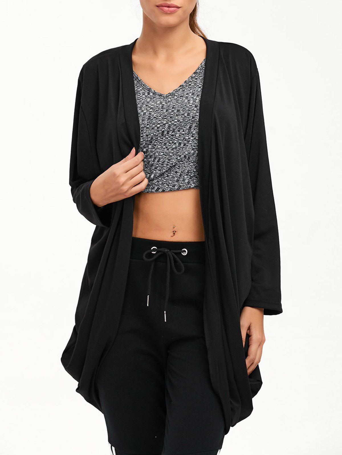 

Open Front Long Sleeve Plain Knit Cardigan, Black