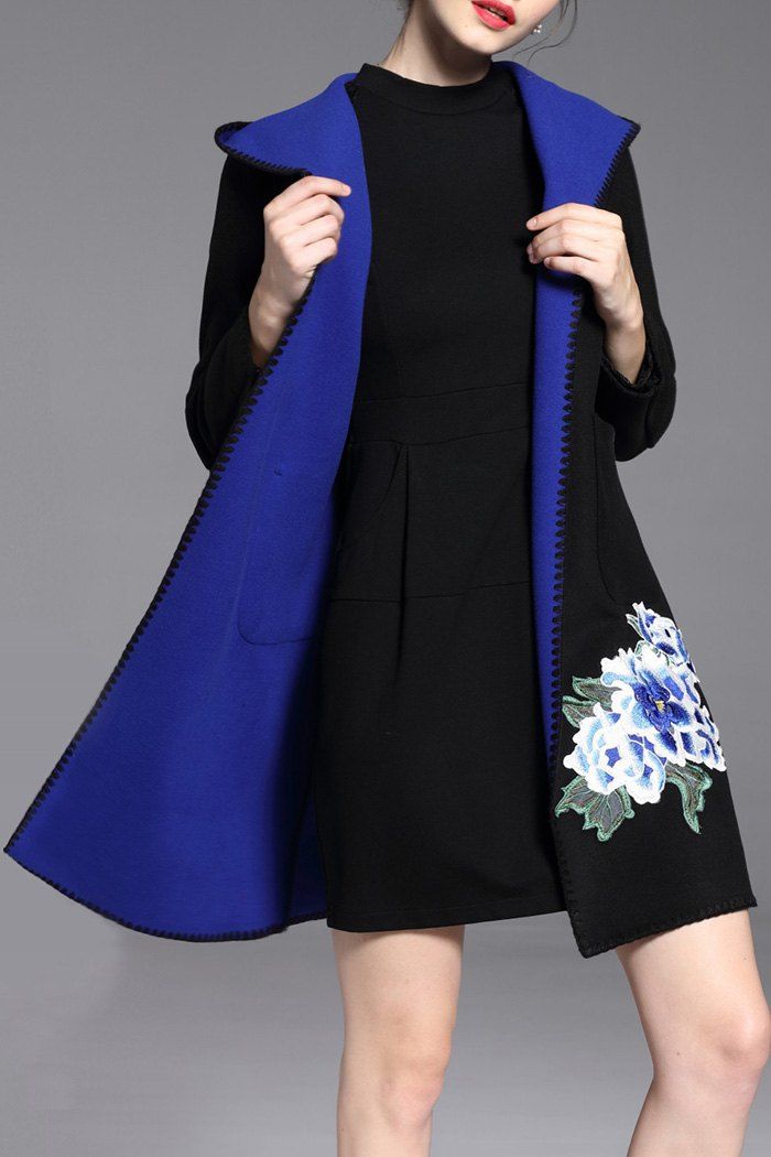 

Rose Embroidered Hooded Woolen Coat, Blue