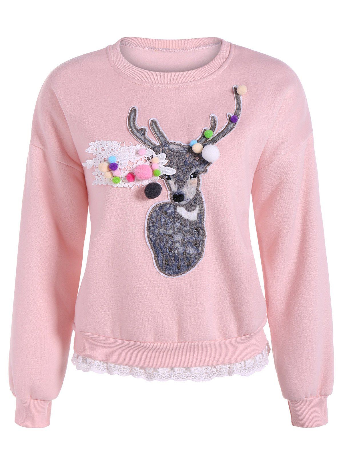

Deer Applique Lacework Insert Flocking Sweatshirt, Pink