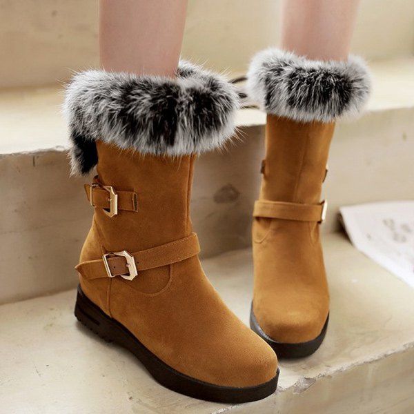 

Faux Fur Buckle Straps Mid Calf Boots, Brown
