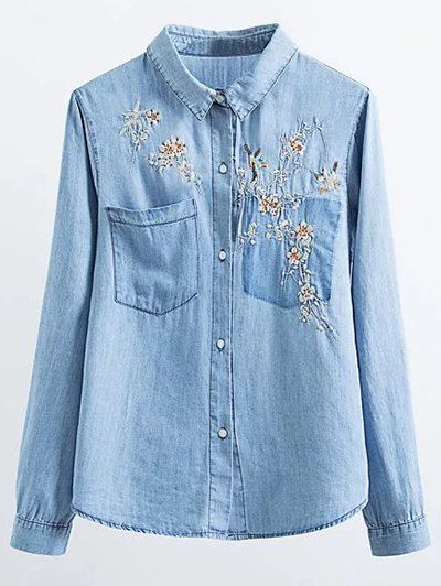 Chemise en denim brodé floral avec poches - Bleu clair S