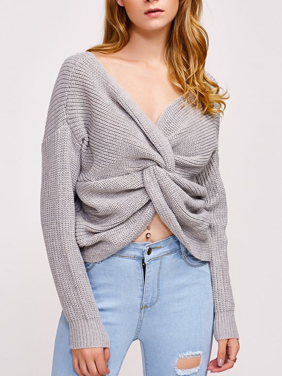 Twist avant Navel Baring V Neck Sweater - Gris ONE SIZE
