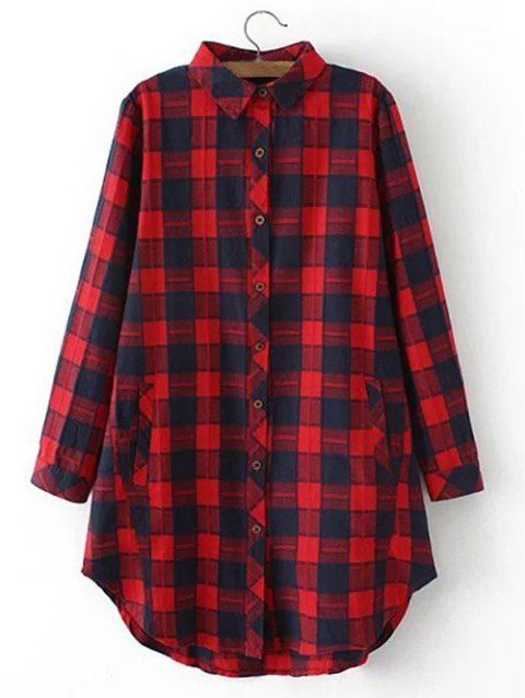 2019 Plus  Size  Flannel Long Plaid  Boyfriend Shirt  RED  XL 