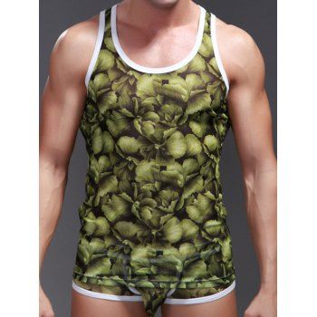  3D Leaf Print Contrast Trim Racerback Tank Top 