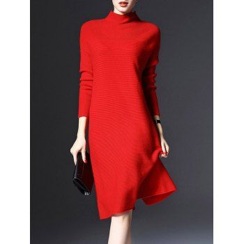 [41% OFF] 2023 Knitted Long Sleeve Longline Jumper Dress In RED | DressLily