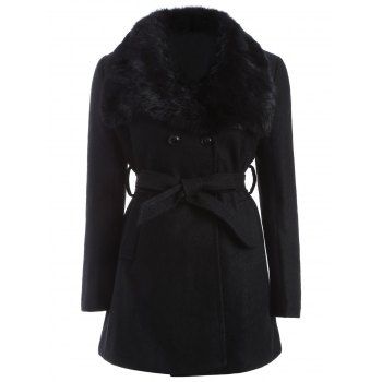 [41% OFF] 2024 Plus Size Faux Fur Belted Woolen Coat In BLACK | DressLily