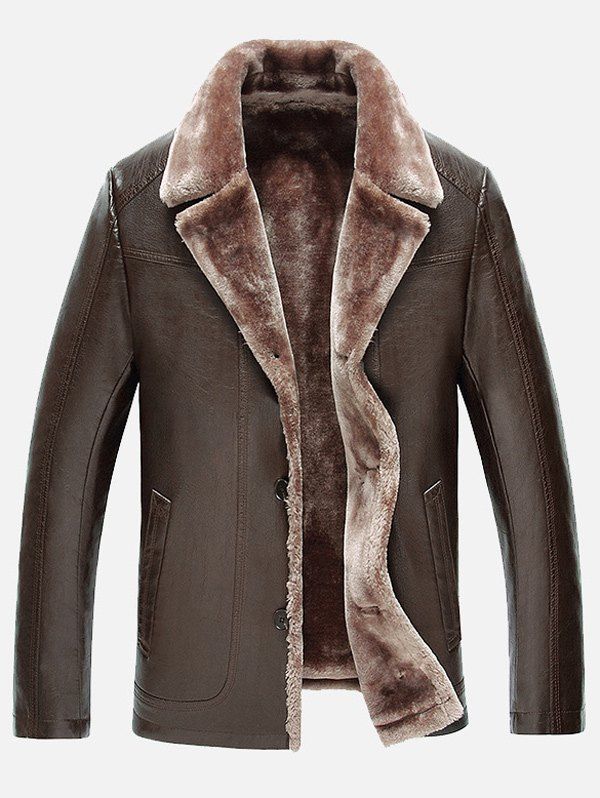 

Fur Lapel Collar Single Breasted PU Leather Jacket, Dark coffee