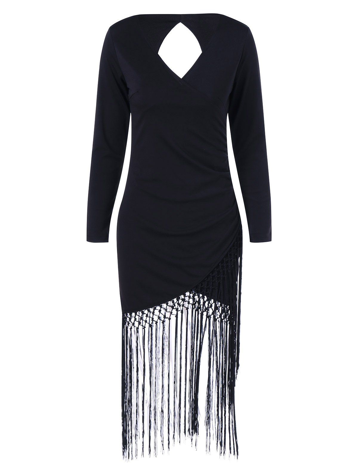 

Long Sleeve Fringe Cut Out Bodycon Flapper Dress, Black