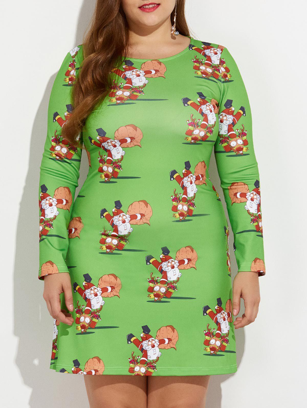 

Christmas Plus Size Santa and Reindeer Print Dress, Green