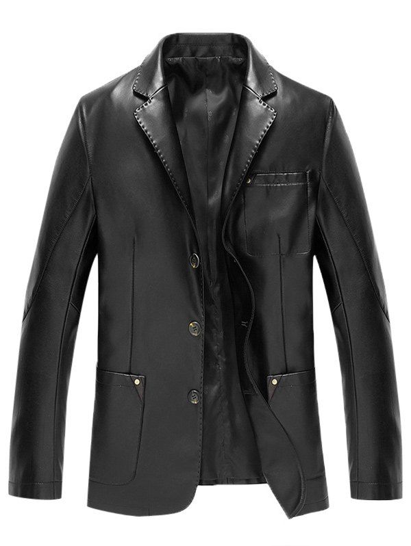 

Button Up Lapel Pocket PU Leather Jacket, Black