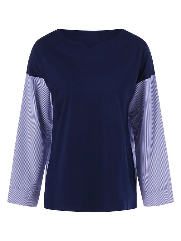 Plus Size V Neck Color Block Blouse - Bleu Violet XL