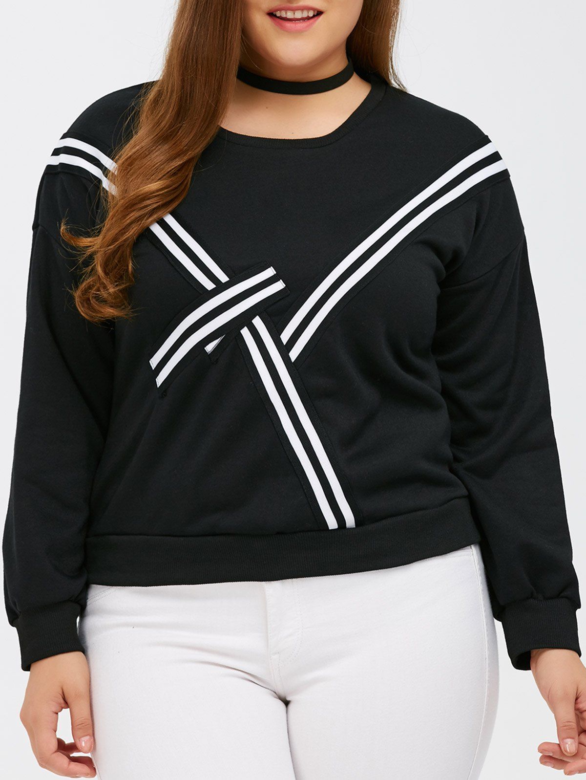 

Patchwork Plus Size Pullover Sweatshirt, Black