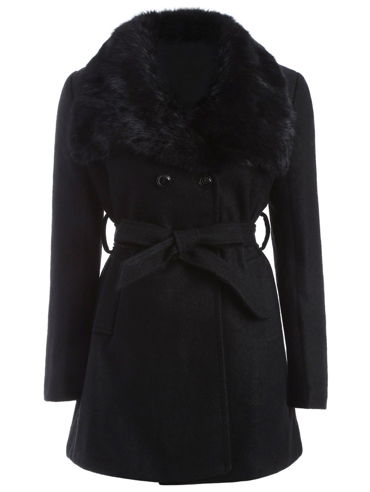 [41% OFF] 2021 Plus Size Faux Fur Belted Woolen Coat In BLACK | DressLily