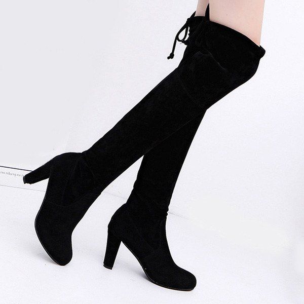 [41% OFF] 2021 Suede Chunky Heel Thigh High Boots In BLACK | DressLily