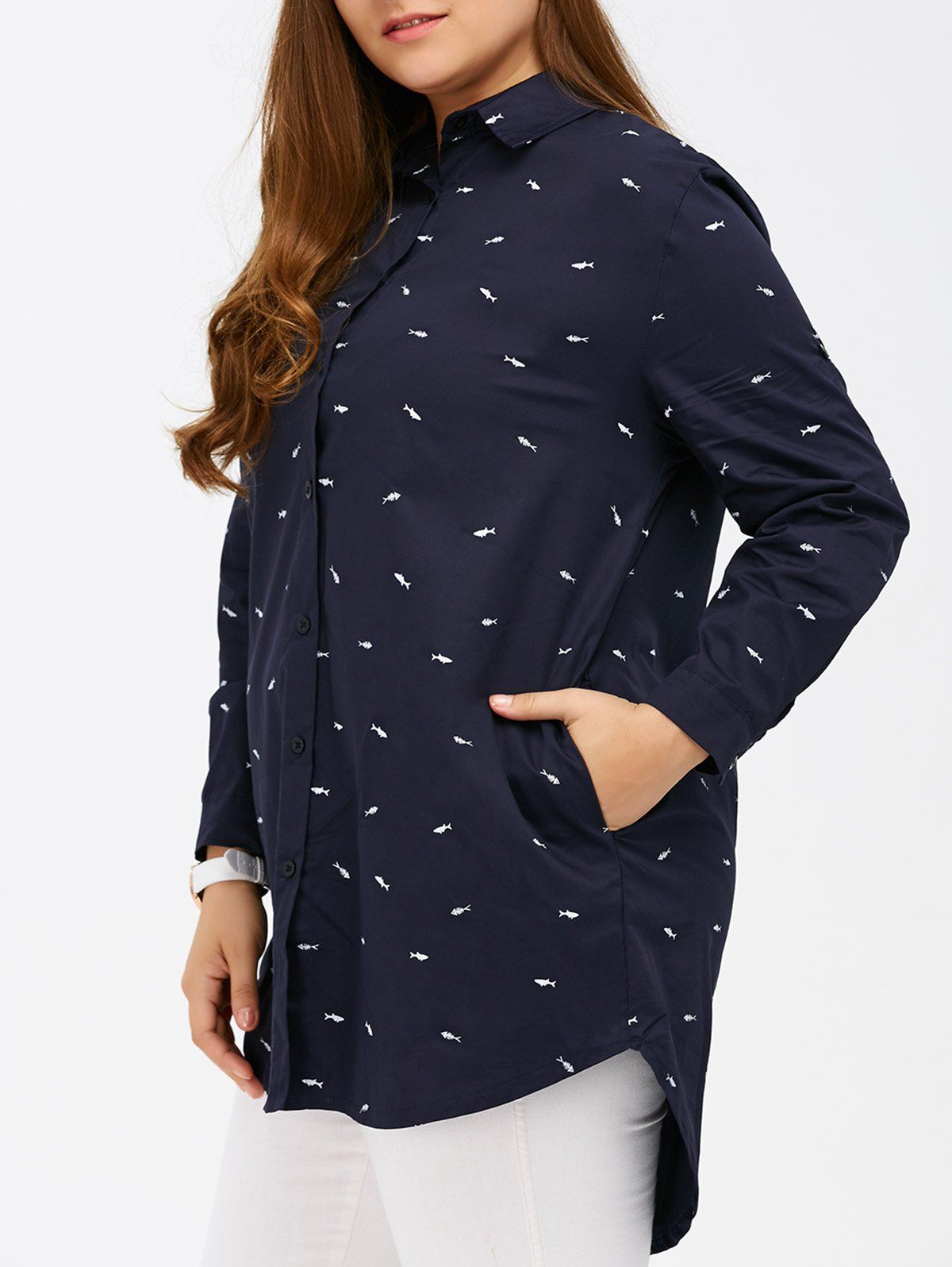 

Print Plus Size Asymmetrical Shirt, Cadetblue