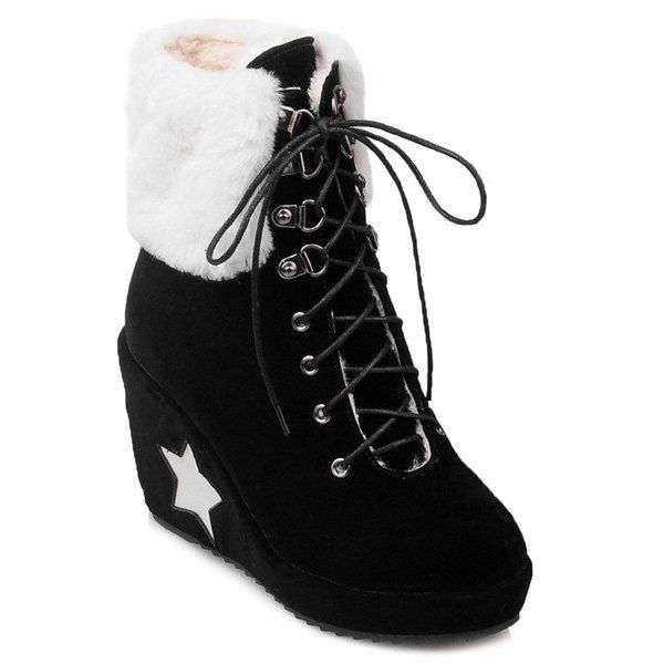 

Faux Fur Trim Star Patch Ankle Boots, Black