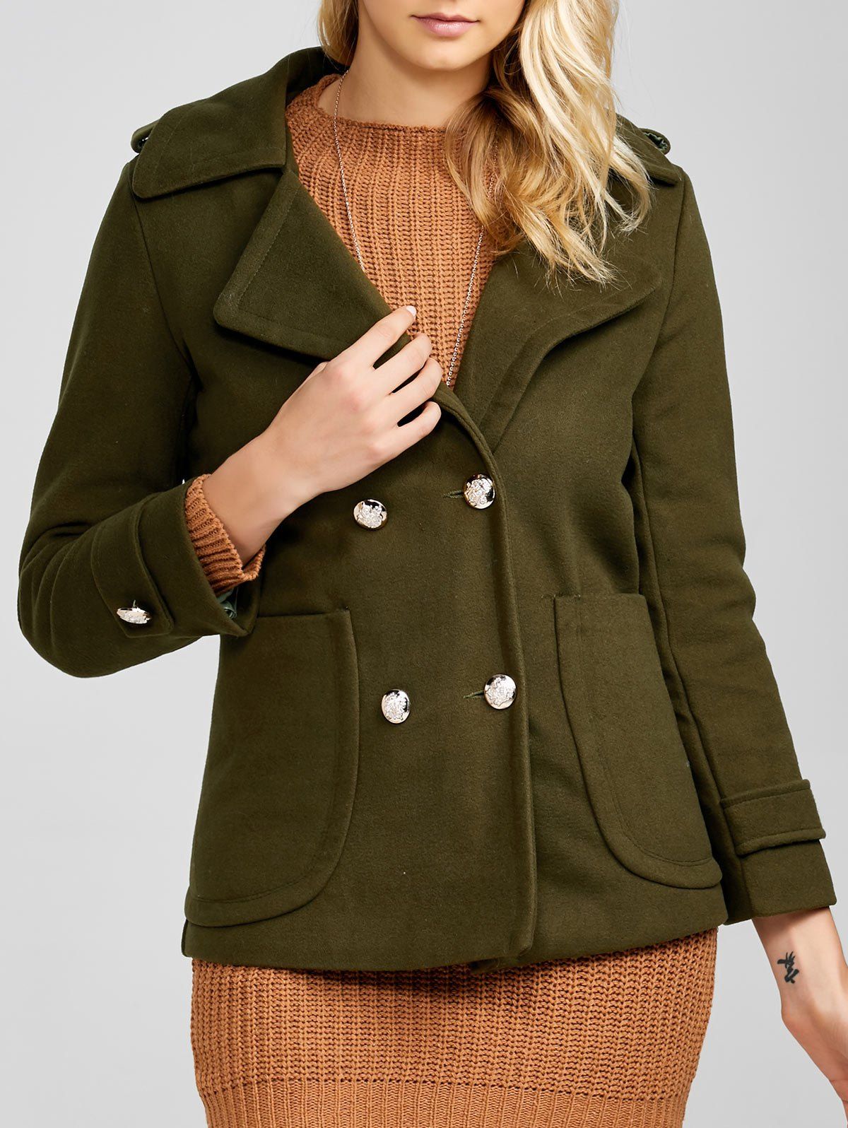 [17 OFF] 2021 Epaulet Woolen Pea Coat In ARMY GREEN DressLily