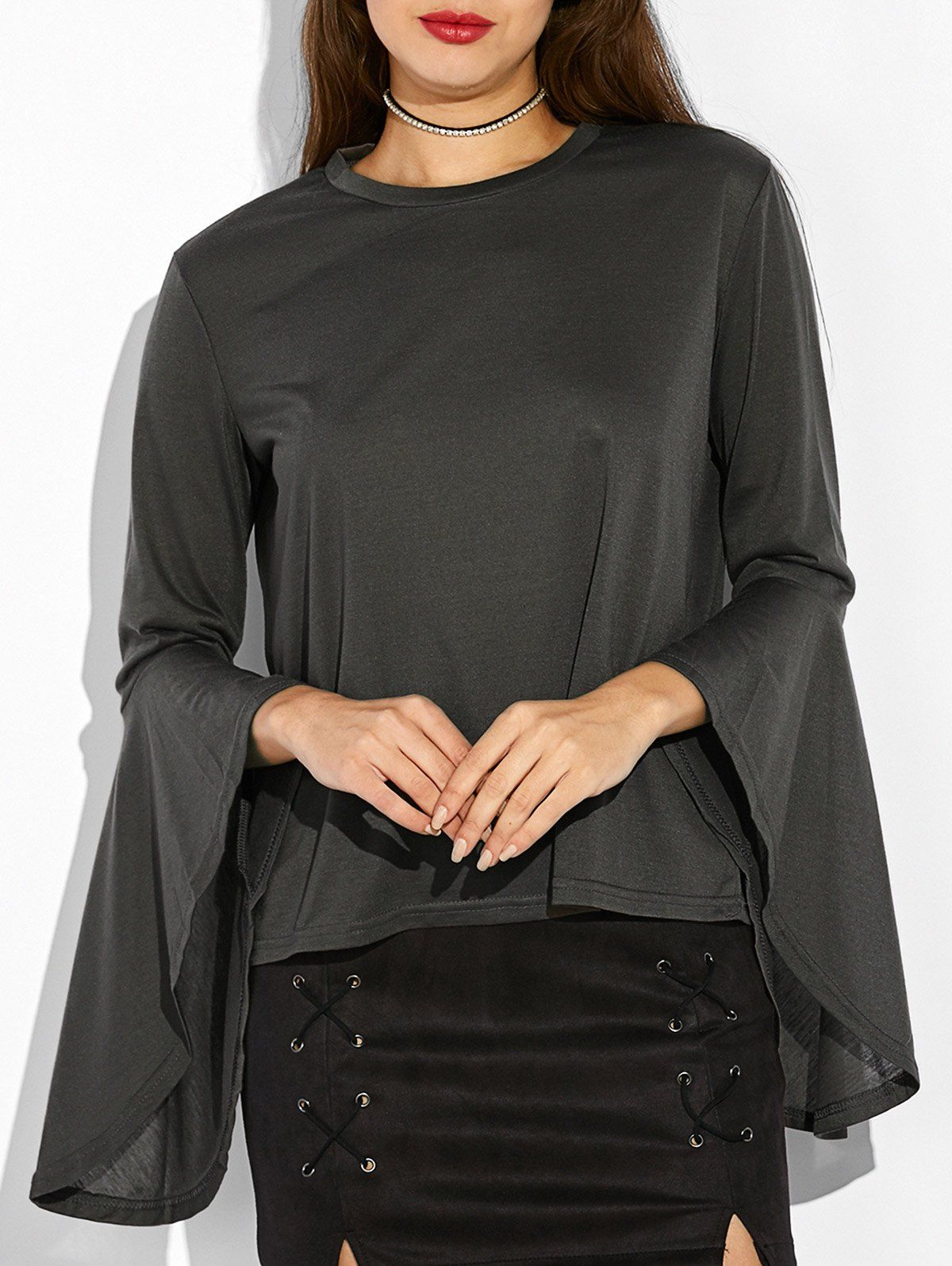 

Bell Sleeve Fitted T-Shirt, Black grey
