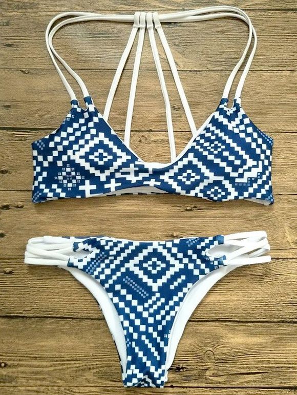 Bikini bicolore rayé à bretelles - Bleu et Blanc M