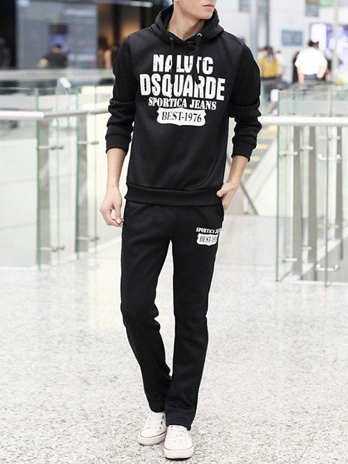 

Graphic Printed Pullover Hoodie and Sweatpants Twinset, Black