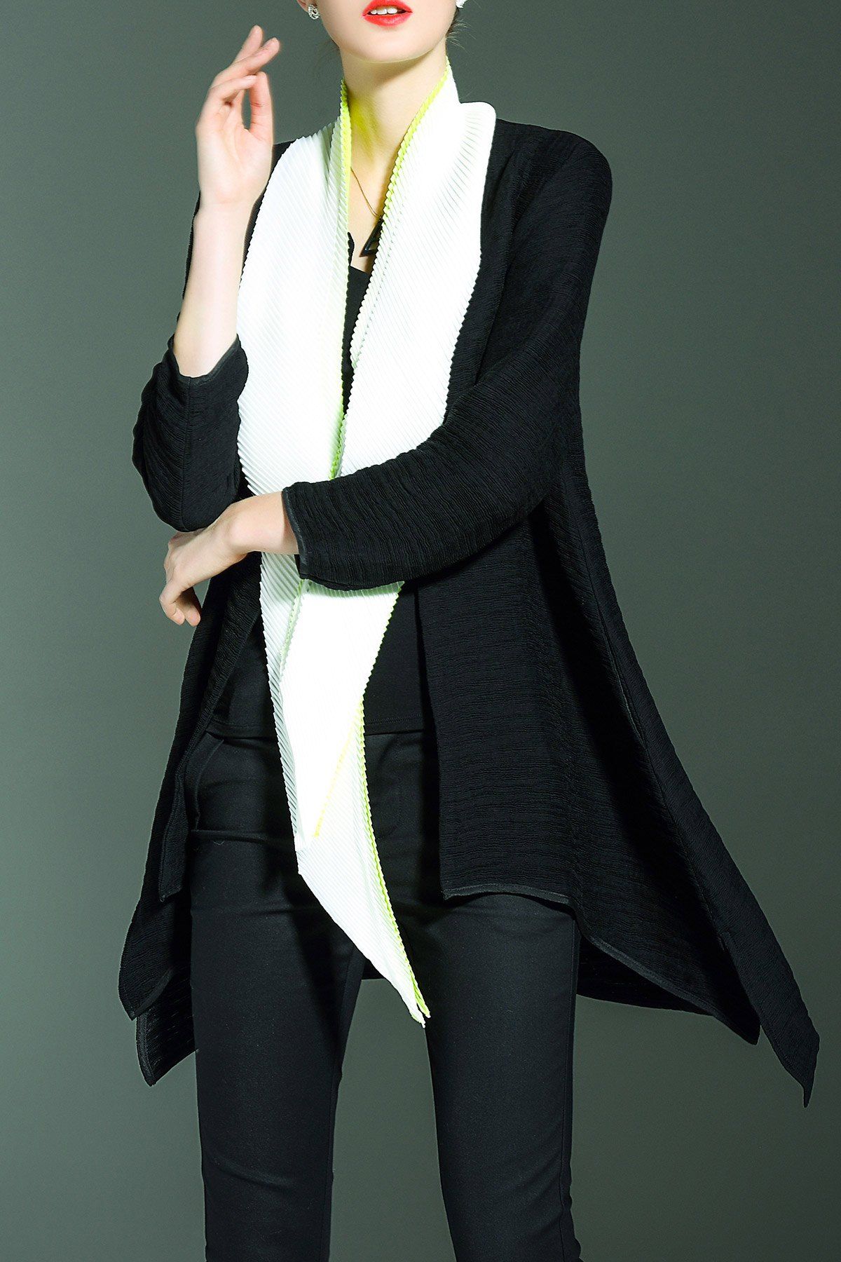 

Collarless Asymmetrical Coat with Scarf, Black
