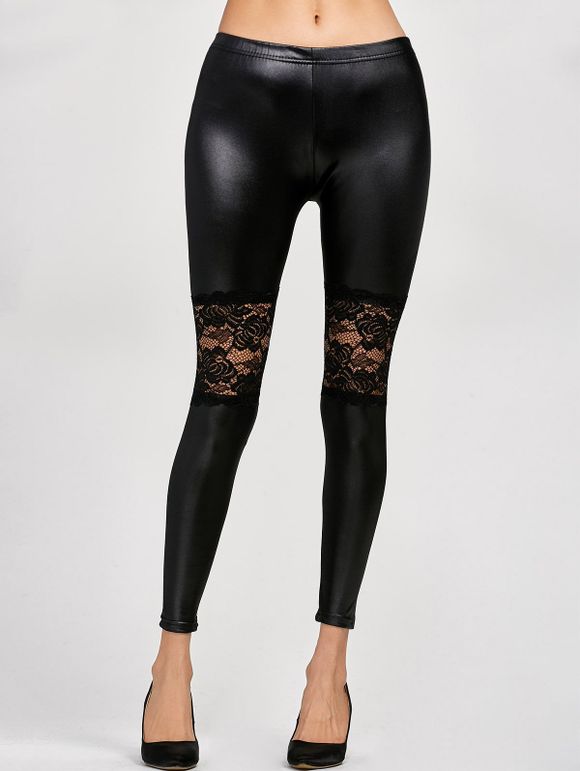 Lace Panel Leather Leggings - BLACK ONE SIZE