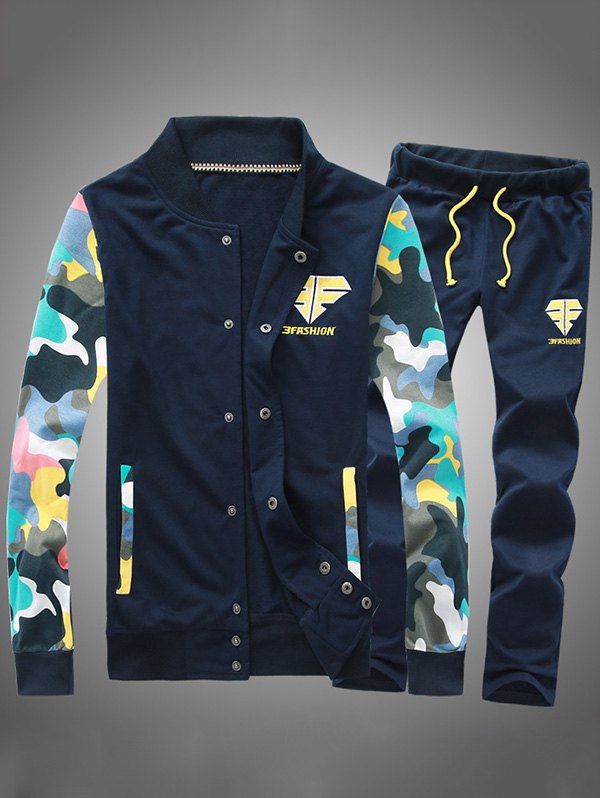 Button Up Camouflage Sleeve Jacket and Sweatpants Twinset - CADETBLUE S