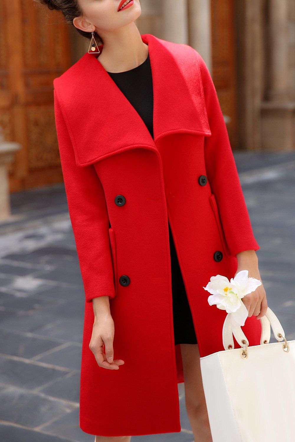 

Wool Blend Belted Coat, Red