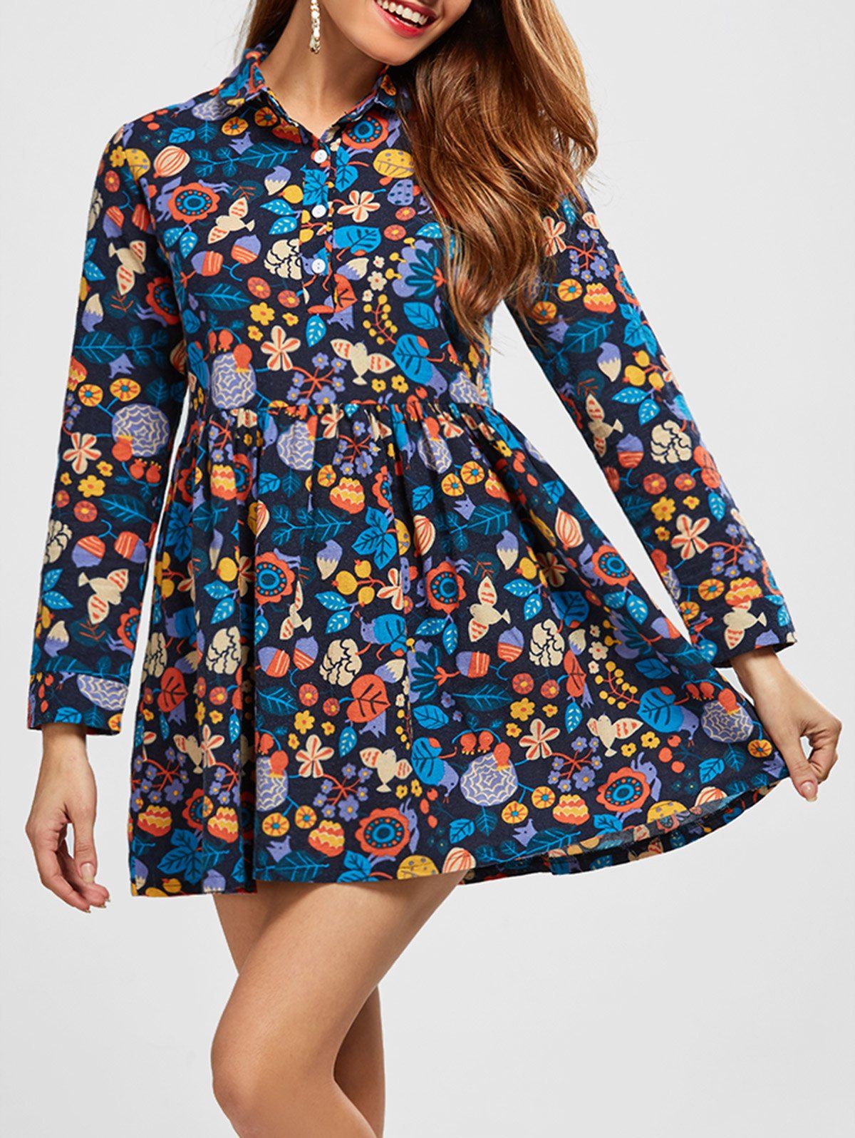

A Line Leaf Print Dress, Blue