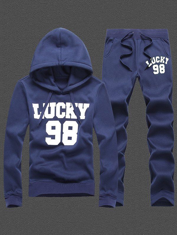 

98 Lucky Printed Pullover Hoodie and Sweatpants, Cadetblue