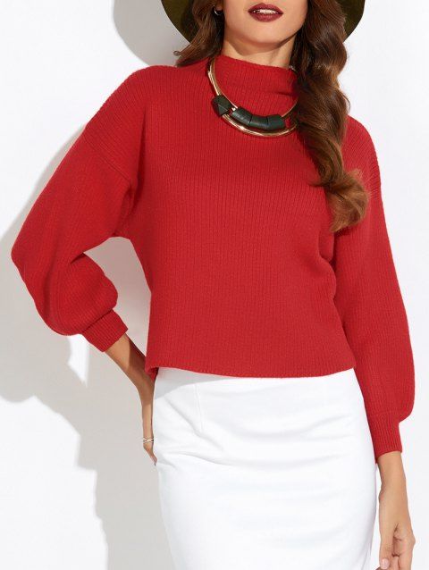 [17% OFF] 2019 Puff Sleeve Mock Neck Sweater In RED | DressLily