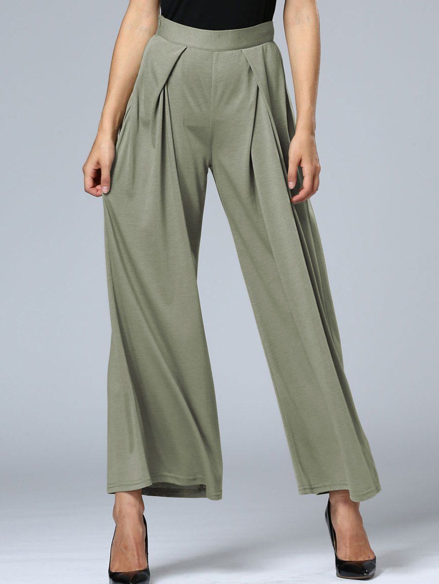 [17% OFF] 2020 Long Pleated Palazzo Wide Leg Pants In GREEN GREY ...