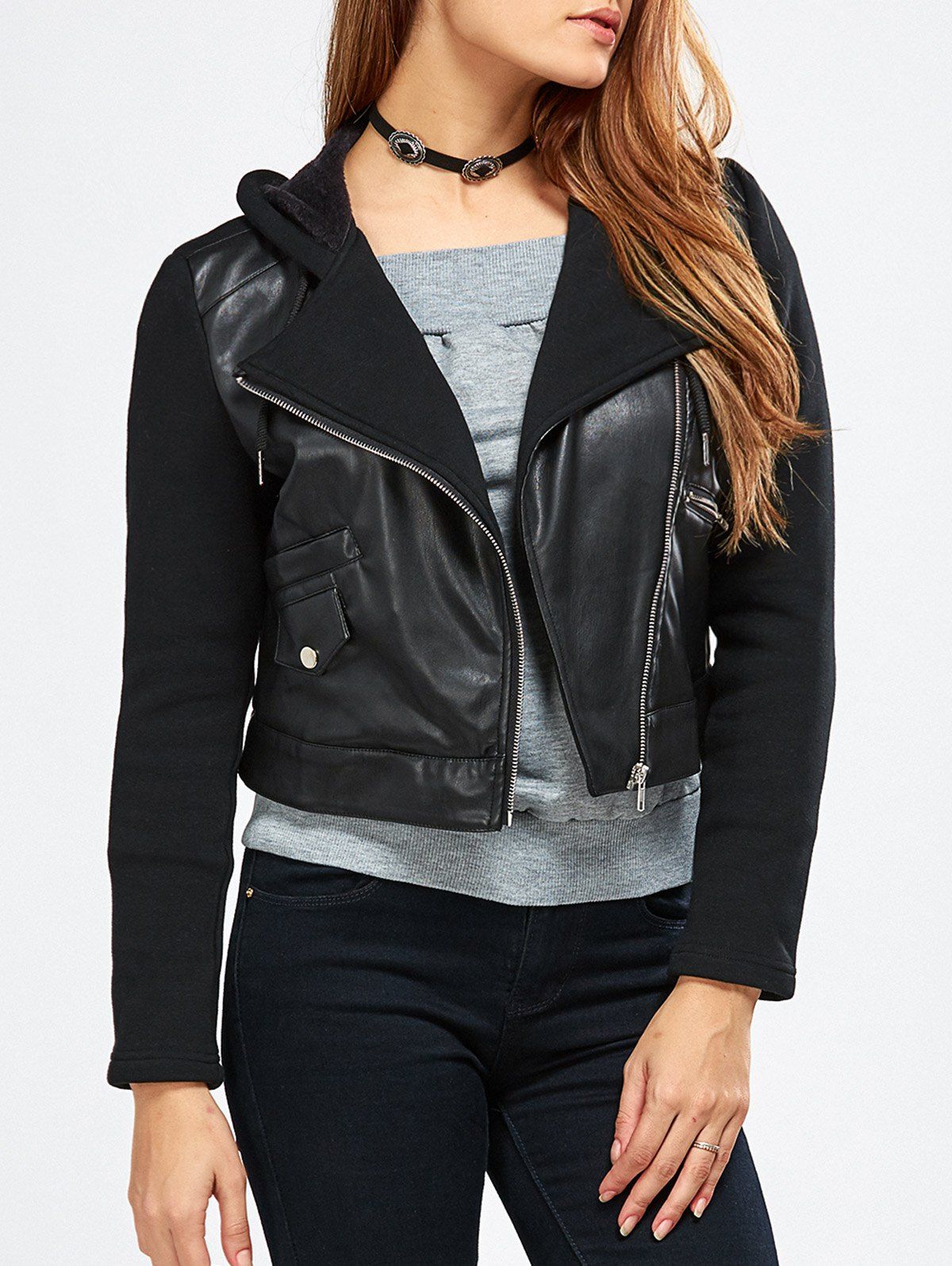 

Hooded PU Leather Spliced Jacket, Black