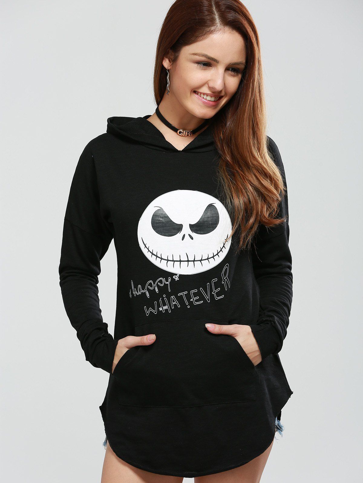 

Long Sleeve Ghost Print Hallowmas Hoodie, Black